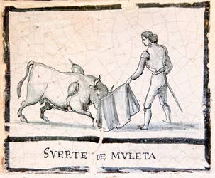 Bullfight scene on an antique tile - The Muleta Stage